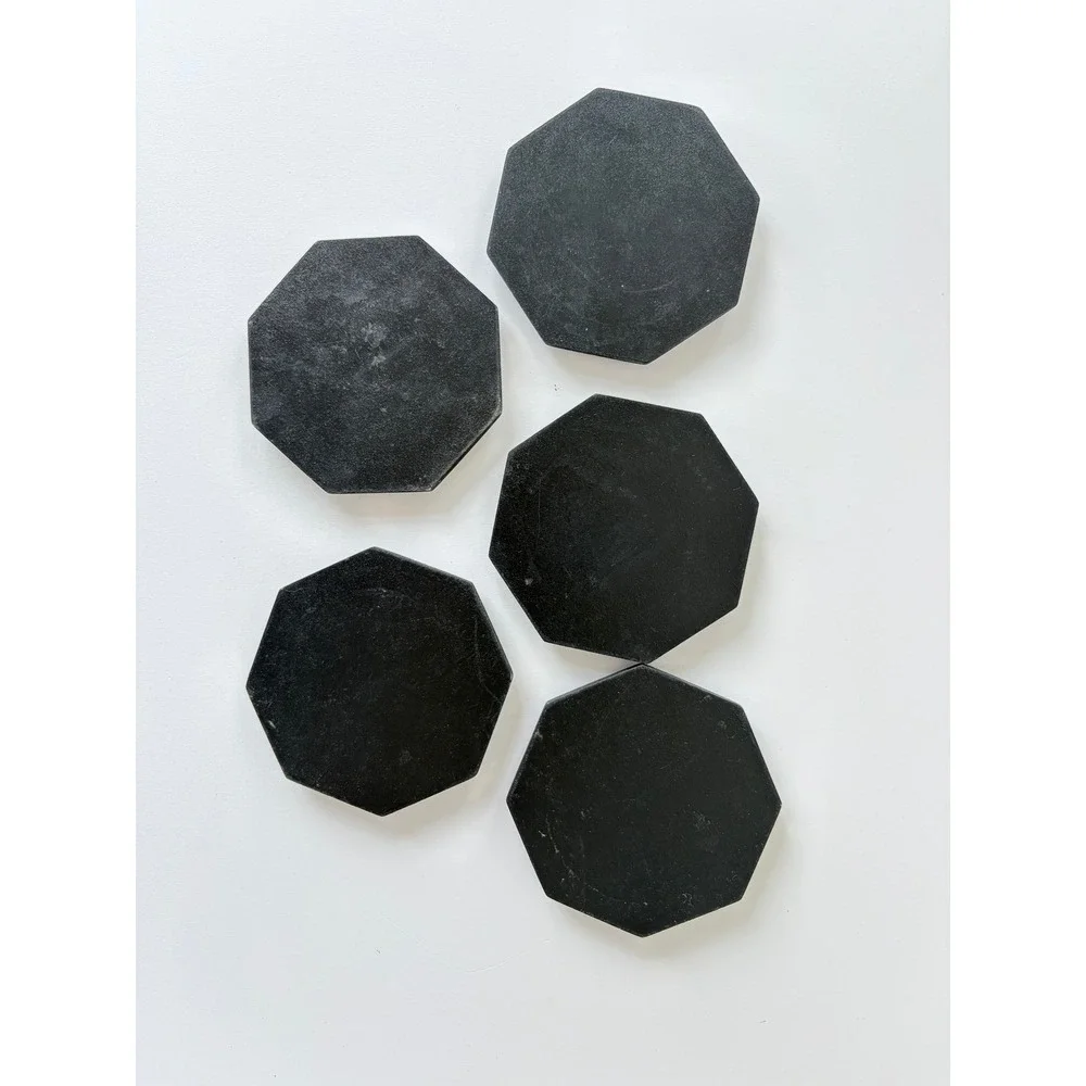 Vintage Thai Elephant Coasters Set of 5 Octagonal Black Silver Tone
